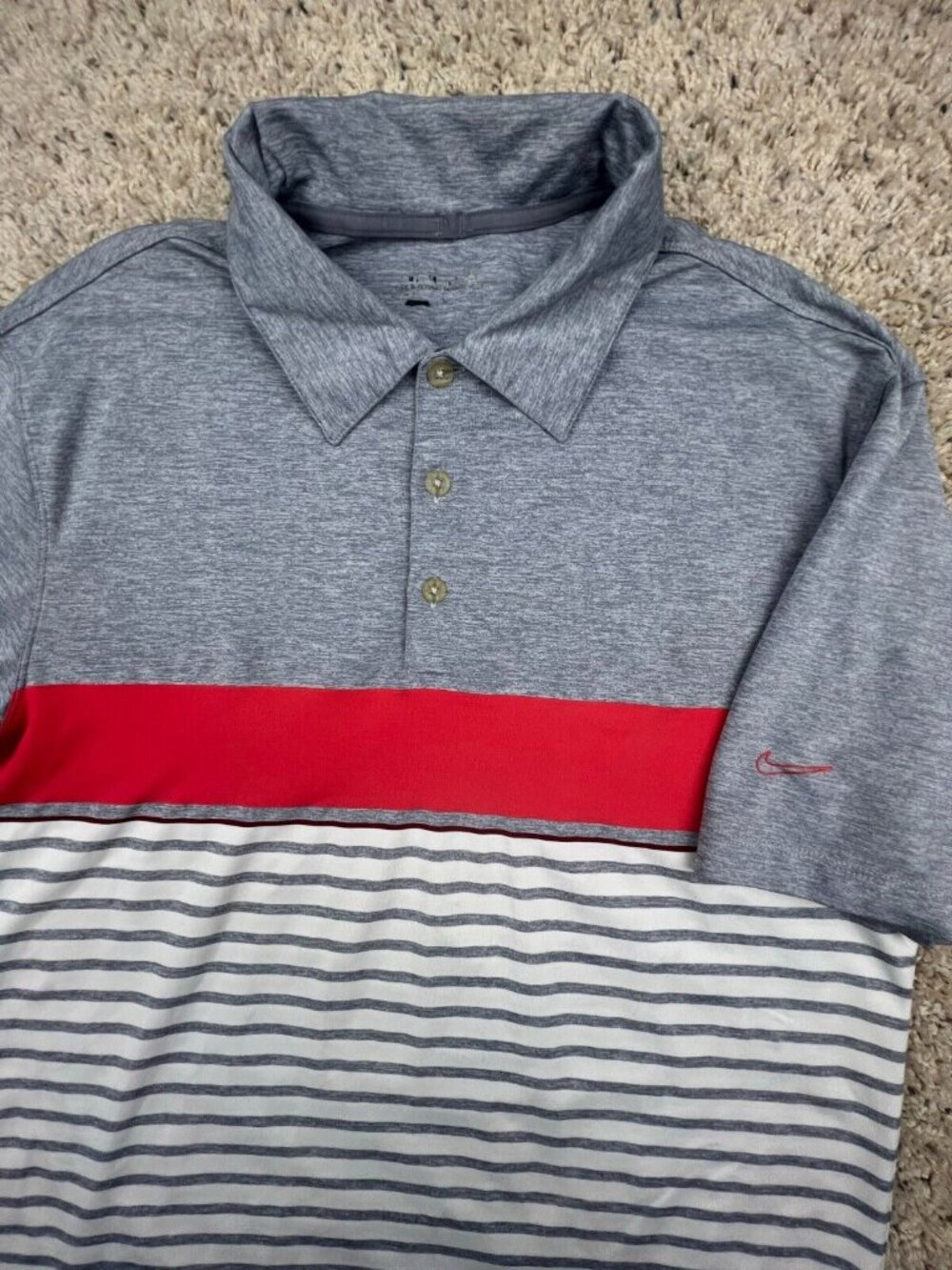 Nike Gray Red Striped Mens Short Sleeve Polo Shirt Size Large XL Stretch w Logo